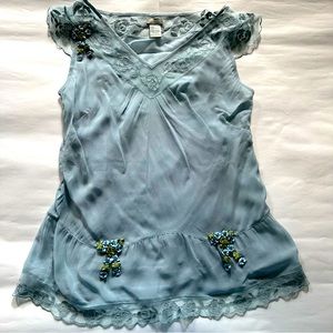 Anthropologie dusty blue sleeveless lace top with floral embroidery